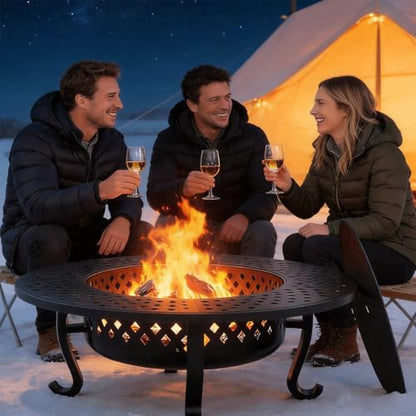 43 Inch Fire Pit with 2 Grill, Outdoor Wood Burning Firepit with Lid, Metal Round Table for Backyard Patio Garden Picnic Camping Bonfire