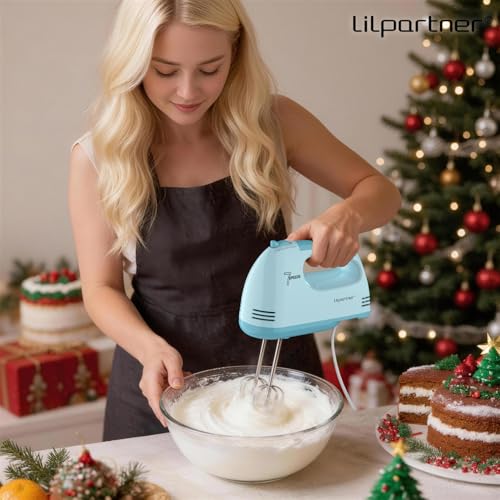 LILPARTNER Hand Mixer Electric, Ultra Power Kitchen Hand Mixer With 7-Speed & 5 Stainless Steel Accessories for Whipping Dough, Cream, Cake, Dishwasher Safe, Light Blue
