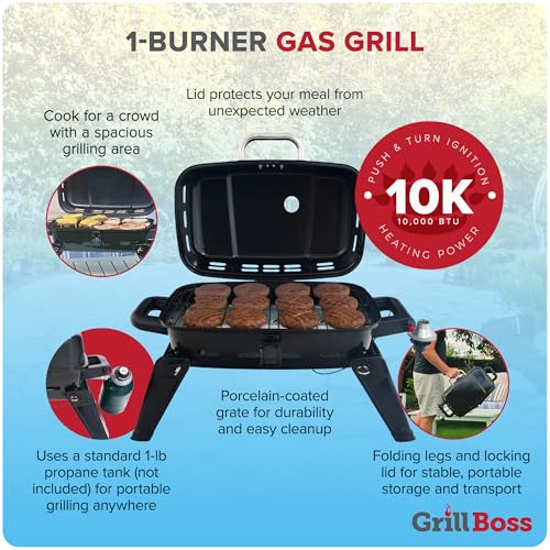 Grill Boss 1 Burner Portable Gas Grill, 10,000 BTU Propane Tabletop BBQ with Porcelain Coated Grate for Camping, Patio, and Outdoor Cooking, Black