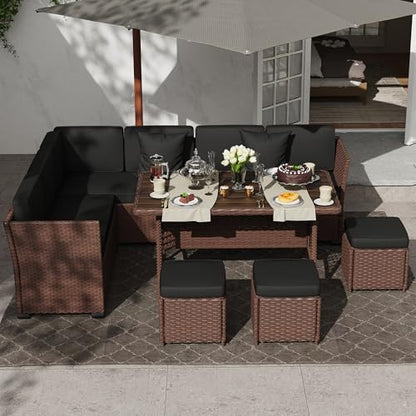 KIGOTY 7 Piece Patio Furniture Set, Outdoor PE Wicker Rattan Outdoor Dining Set, Patio Table and Chairs Set, Patio Conversation Sofa Set with Dining Table and Ottoman(Brown-Black)