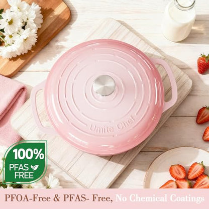 Umite Chef 6QT Enameled Cast Iron Dutch Oven with Lid, Versatile Heavy-Duty Cookware Pot for Baking Bread, Braising, Soups & Stews, Oven & Stovetop Safe with Heat Resistant Gloves(Pink)
