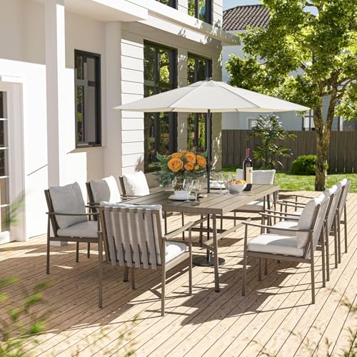 HAPPATIO 9-Piece Patio Table and Chairs Set for 8, Aluminum Outdoor Dining Set with Cushions, 8 Dining Chairs, 1 Large Rectangular Table with Umbrella Hole for Lawn, Porch, Backyard, Grey