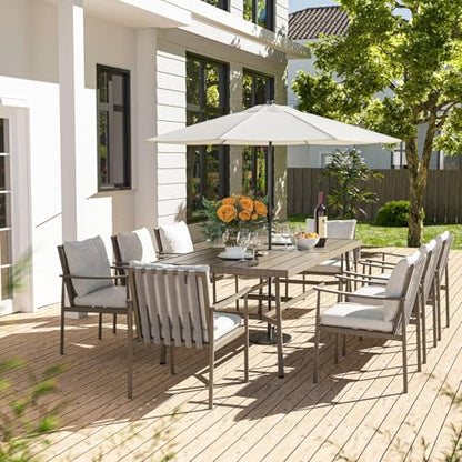 HAPPATIO 9-Piece Patio Table and Chairs Set for 8, Aluminum Outdoor Dining Set with Cushions, 8 Dining Chairs, 1 Large Rectangular Table with Umbrella Hole for Lawn, Porch, Backyard, Grey