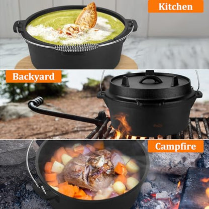 7QT Dutch Oven Camping with Lid Lifter, Leonyo 2 in 1 Cast Iron Dutch Oven for Outdoor Camping, Heavy Duty & Pre-Seasoned Deep Pot for Sourdough Bread Baking, Campfire Cooking