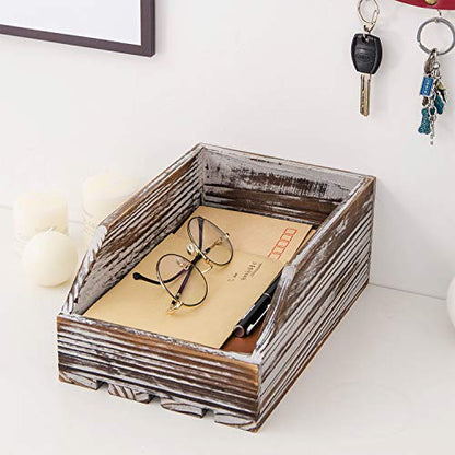 Liry Products Torched Wood Paper Nesting Tray Stackable Document Storage Crate File Organizer Whitewashed Tabletop Wooden Box Basket Letter Holder Folder Rack Desktop Home Office Supplies Jewelry