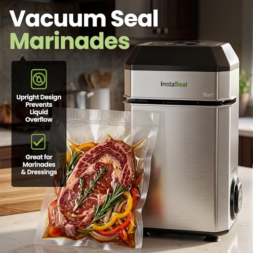 InstaSeal Vacuum Sealer for Food with 12 Bags, Preserves Foods 5x Longer, Space Saving Compact Upright Design Allows Machine to Seal Marinades, Soups, Meats for Sous Vide Cooking, Vegetables