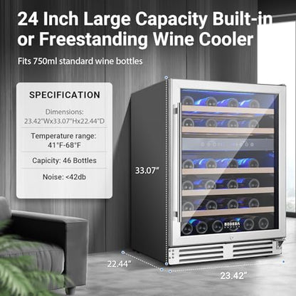 BODEGA 24 Inch Wine Cooler, Wine cooler refrigerator with Double-Layer Glass Door, Dual Zone Wine Fridge with Digital Temperature Control and Temperature Memory, 46 Bottles wine coolers for home.