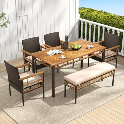 Tangkula 6 Pieces Patio Dining Table Set, Outdoor Rectangular Acacia Wood Table with 1.97” Umbrella Hole & Cushioned Backless Bench & 4 Armchairs, for Garden, Deck, Yard
