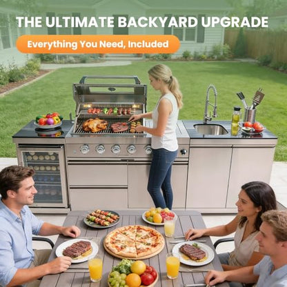 Outdoor Natural Gas Grill Island with Refrigerator, 4 Burner 72,000 BTU BBQ Grill with Side Burner, Infrared Rotisserie, Granite Countertop, Stainless Steel Outdoor Kitchen (Silver+98in)