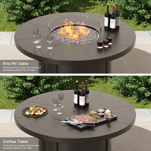 Trumbeak 7 Piece Metal Outdoor Patio Furniture Set with 48"/55000 BTU Round Fire Pit Table,Outdoor Dining Table Set 6 Swivel Chairs No-Slip Cushions and Waterproof Covers,Grey