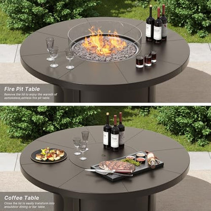Trumbeak 7 Piece Metal Outdoor Patio Furniture Set with 48"/55000 BTU Round Fire Pit Table,Outdoor Dining Table Set 6 Swivel Chairs No-Slip Cushions and Waterproof Covers,Grey