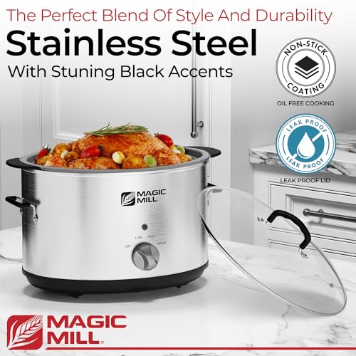 Magic Mill Slow Cooker 10 Quart | Extra Large Non-Stick Metal Searing Pot & Transparent Tempered Glass Lid Multipurpose Lightweight Slow Cookers, Pot is Safe to Put the On the Flame, Dishwasher Safe