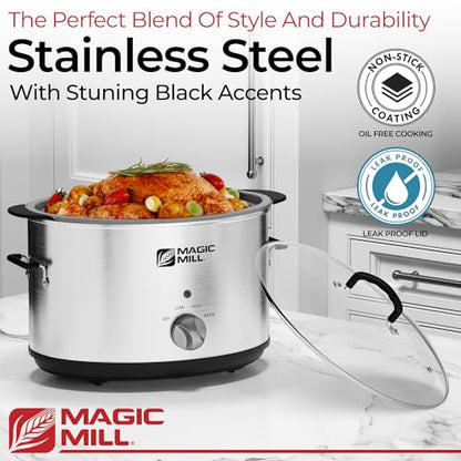 Magic Mill Slow Cooker 10 Quart | Extra Large Non-Stick Metal Searing Pot & Transparent Tempered Glass Lid Multipurpose Lightweight Slow Cookers, Pot is Safe to Put the On the Flame, Dishwasher Safe