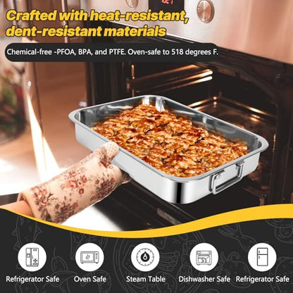 2 Pcs 12.7"15.5" Stainless Steel Roasting Pans with Handles, Baking Pan for Oven with 2 Pcs Flat Racks, Heavy Duty, Dishwasher Safe Rectangular Lasagna Pan with Handles for Turkey Chicken, Silver