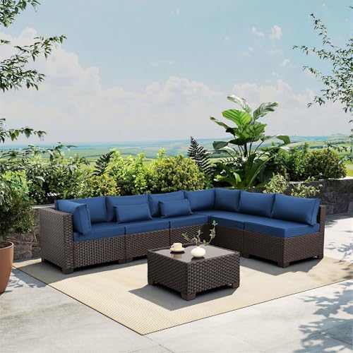 Rattaner Outdoor Sectional Sofa Set 7 Pieces Wicker Patio Furniture Couch Glass Table with Non-Slip Cushions Furniture Cover, Navy Blue