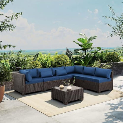 Rattaner Outdoor Sectional Sofa Set 7 Pieces Wicker Patio Furniture Couch Glass Table with Non-Slip Cushions Furniture Cover, Navy Blue