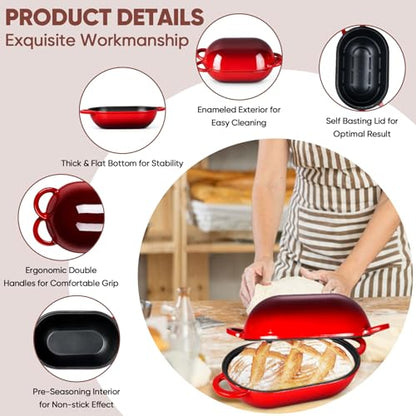 TeamFar Enameled Cast Iron Bread Loaf Pan, 2 QT Oval Dutch Oven with Lid for Sourdough Bread Baking, Enameled Meatloaf Loaf Baking Pan with Lid, Even Heat Distribution & Self-Basting, Red