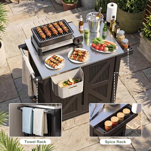 Outdoor Grill Cart with Stainless Steel Top, Outdoor Kitchen Island BBQ Prep Table, 2-Tier Storage Cabinet, Rolling Utility Station with Hanging Trash Bin, Wheels, Side Shelf for Patio, Yard, Picnic