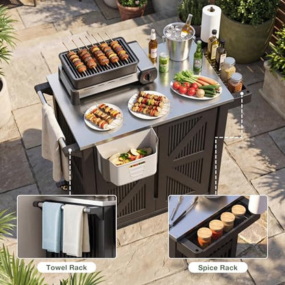 Outdoor Grill Cart with Stainless Steel Top, Outdoor Kitchen Island BBQ Prep Table, 2-Tier Storage Cabinet, Rolling Utility Station with Hanging Trash Bin, Wheels, Side Shelf for Patio, Yard, Picnic