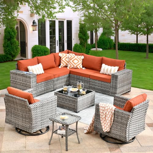 ovios 9 Pieces Patio Furniture Set, Outdoor Wicker Sectional Sofa Couch with 2 Swivel Chairs Coffee Table, Modern Modular Deep Seat Rattan Conversation Sets, Orange Red