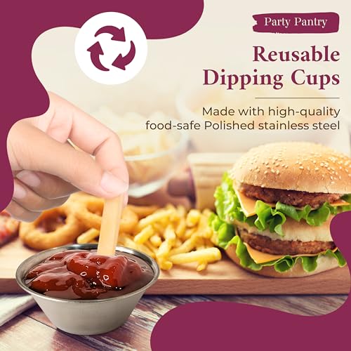 Party Pantry Stainless Steel Ramekins 24 Pack (1.5oz & 2.5oz) – Metal Dipping Sauce Cups, Condiment Cups, Small Metal Ramekins for Sauce, Ketchup, BBQ, Soy Sauce – Stackable Restaurant Portion Cups