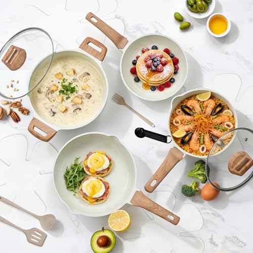 NEWBULIG 25-Piece Nonstick Cookware Set, Granite Pots and Pans with Lids, Induction Compatible Nonstick Cooking Set with Frying Pans & Saucepans, Cream White