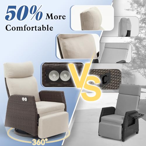 Mvpipi Adjustable Outdoor Recliner Chair with Independent Backrest & Footrest, Patio Swivel Recliner Chair, Wicker Reclining Patio Chair w/Flip-Up Table, Air Pump 155° Lay Flat Chaise Lounge, Beige
