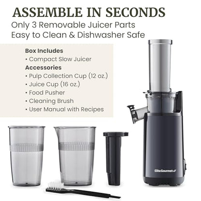 Elite Gourmet EJX600 Mini Compact Small Space-Saving Masticating Slow Juicer Cold Press Juice Extractor, Nutrient and Vitamin Dense, BPA-Free Tritan, Easy to Clean, 16 oz Juice Cup, Charcoal Grey