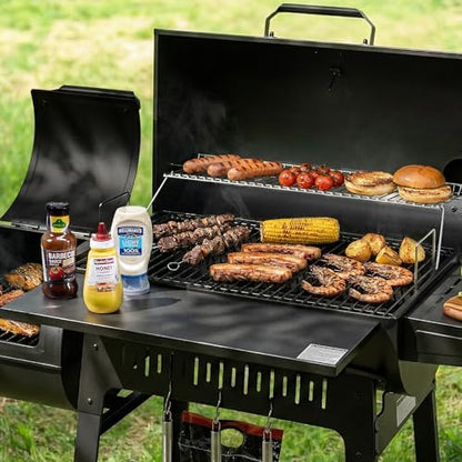 Grills House Barrel Charcoal Grill with Offset Smoker, 824 Sq. In. Cooking Area,Frame Tool Hooks, Bottom Shelf, Blow-Molded Wheels, Outdoor Charcoal Grill for Backyard Cooking, Black, CC1831S-SC