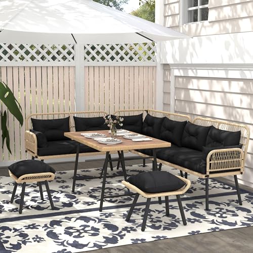 YITAHOME L-Shaped Rattan Patio Furniture Set Light Brown & Black