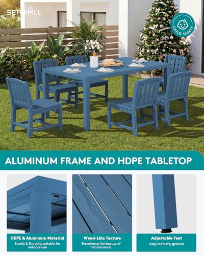 SERWALL 10-Piece Patio Dining Sets with 15FT Patio Umbrella, 60" - 83" Expandable Outdoor Dining Table and 8 HDPE Chairs, All Weather HDPE Outdoor Furniture Set, Blue (Umbreall Base not Included)