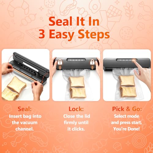 Vacuum Sealer Machine for Food Preservation | High Suction Food Sealer with Double Seal Technology | Compact Meat Sealer with Built-in Cutter & Bag Storage | Dry & Moist Modes for Sous Vide (Black)