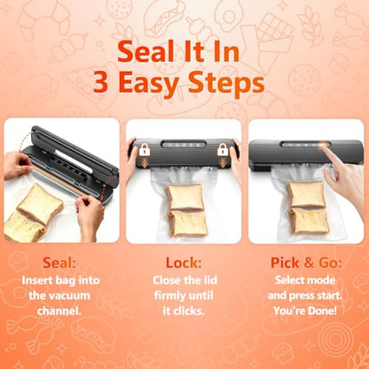 Vacuum Sealer Machine for Food Preservation | High Suction Food Sealer with Double Seal Technology | Compact Meat Sealer with Built-in Cutter & Bag Storage | Dry & Moist Modes for Sous Vide (Black)