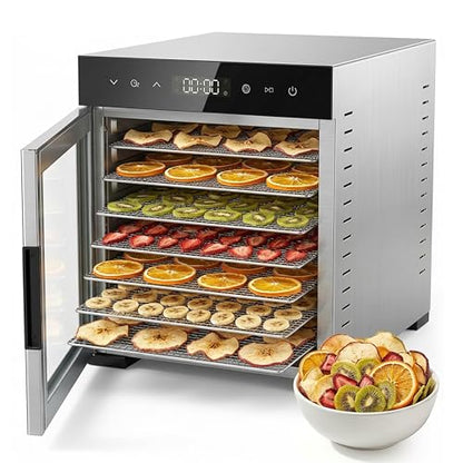 Simple Deluxe Food Dehydrator, Fruit Dryer Machine with 8 Stainless Steel Trays, 500W Powerful Motor, 185°F Adjustable Temperature & 48-Hour Timer for Jerky, Fruits, Herbs, Dog Treats, Silver
