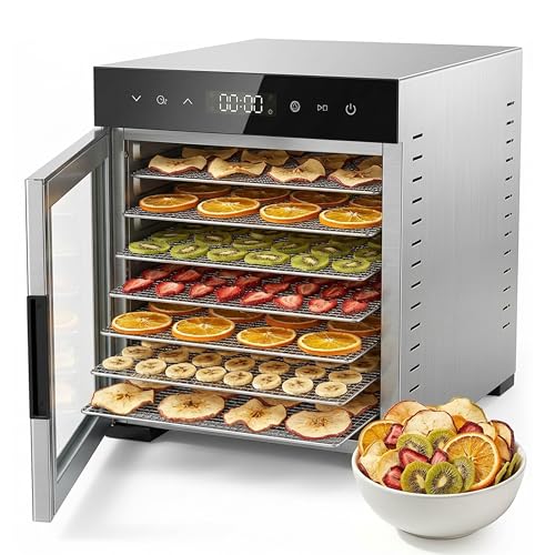 Simple Deluxe Food Dehydrator, Fruit Dryer Machine with 8 Stainless Steel Trays, 500W Powerful Motor, 185°F Adjustable Temperature & 48-Hour Timer for Jerky, Fruits, Herbs, Dog Treats, Silver