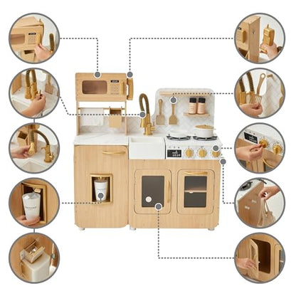 Teamson Kids Little Chef Cyprus Medium Wooden Play Kitchen with Interactive, Realistic Features, and 14 Kitchen Accessories for 3yrs and up, Light Oak/Faux White Marble/Gold