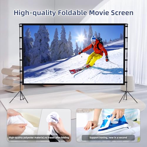 120 Inch Projector Screen with Stand, 16:9 4K HD Portable Projector Screen, Indoor Outdoor Front/Rear with Carry Bag for Home Theater Backyard Camping Movie Night
