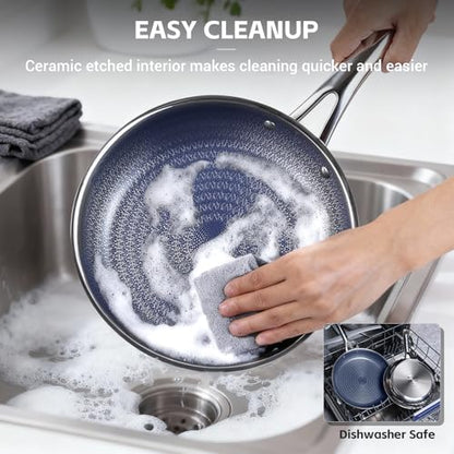 Ammeloo Hybrid Tri-Ply Stainless Steel Frying Pan Set, 8"/9.5"/11" Cooking Pans, Non Stick Frying Pans and Skillets, Chef Pan, Non Toxic, Dishwasher Safe, Induction Compatible, Blue Interior