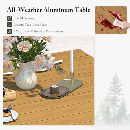 PURPLE LEAF 9 Pieces Patio Dining Set Wicker Outdoor Furniture Rectangular Table and Chairs Set for Garden Deck Teak-Finish Aluminum Frame Backyard Kitchen Set, Cushions and Pillows Included