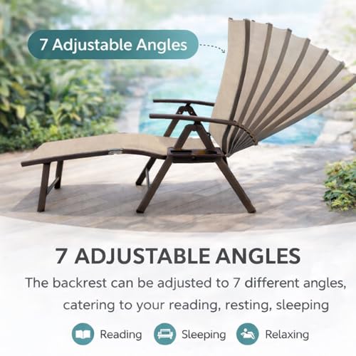 Kozyard Aluminum Outdoor Chaise Lounge Chair, Adjustable Reclining Patio Lounge with Drink Holder, Weather-Resistant Pool, Deck & Yard Recliner, Assemble-Free (1Pack, Beige)