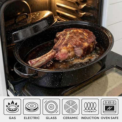 15"Oval Roasting Pan With Lid Small Chicken Roaster With 13.7in Inner Diameter Enamel Steel Roasting Pot Suitable for Outdoors Family Dinnerhigh Temperature Resistance Holiday Gifts