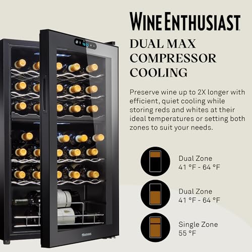 Wine Enthusiast 32-Bottle Dual Zone MAX Compressor Wine Cooler – Freestanding Mini Fridge with Digital Touchscreen, LED Display, Split Storage for Red & White Wines, Matte Black Refrigerator Home Bar