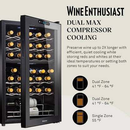 Wine Enthusiast 32-Bottle Dual Zone MAX Compressor Wine Cooler – Freestanding Mini Fridge with Digital Touchscreen, LED Display, Split Storage for Red & White Wines, Matte Black Refrigerator Home Bar