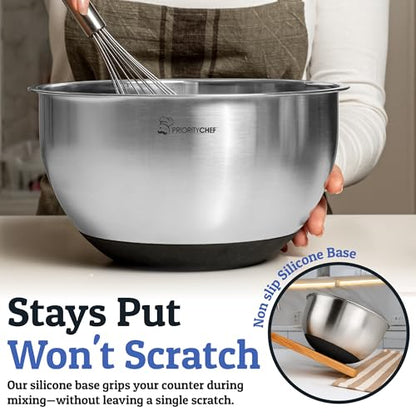 Priority Chef Stainless Steel Mixing Bowls with Lids Set, Metal Nesting Bowls with Airtight Lids, Graters, Non-Slip Base & Measurement Marks, Includes Utensil Set for Prep, Baking & Storage, Black