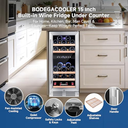 BODEGA 15 Inch Wine Fridge, 30 Bottle Dual Zone Wine Cooler, 41-72℉ Compressor Wine Refrigerator with Tempered Glass Door, Built-in or Freestanding Wine Cooler for Home Kitchen Bar (3.2 cu.ft).