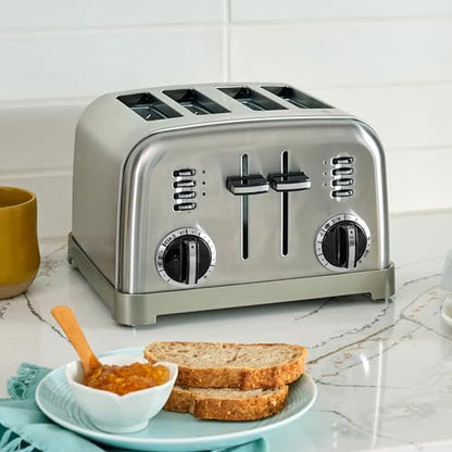 Cuisinart 4 Slice Compact Stainless Steel Toaster with Extra-Wide Slots for Bread, French Toast, Bagels & Pastries, Defrost & Reheat Functions, CPT-180P1, Brushed Stainless, Removable Crumb Tray