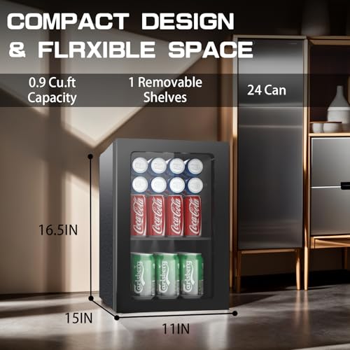 Erivess Compact Freestanding Beverage Refrigerator, 24 Can/0.9 Cubic Feet Mini Fridge with Acrylic Front Door for Soda, Beer or Wine, Under Counter Small Refrigerator with Adjustable Shelves for Home