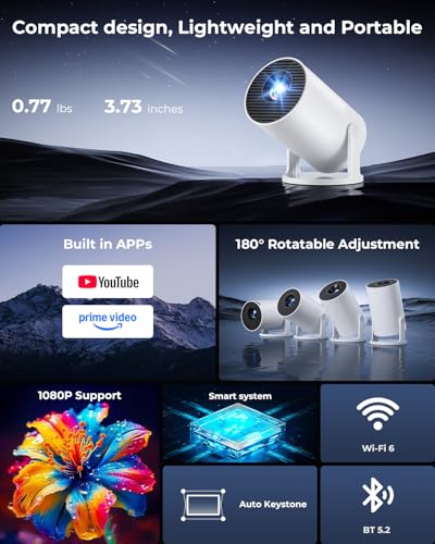 Mini Projector, Portable Projector with Wifi and Bluetooth, Built in Apps, Support 4K 1080P, 180° Rotation, Auto Keystone, Movie Projector Compatible With HDMI/USB/TV Stick/Smartphone/Laptop