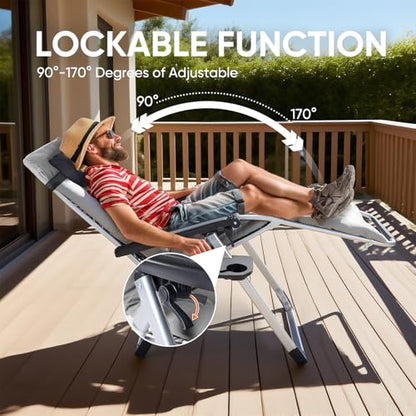 DUMOS Zero Gravity Chair, Reclining Camping Lounge Chair for Outdoor, Reclining Patio Chairs with Cup Holder Trays and Removable Cushion, Folding Recliner for Indoor, Grey