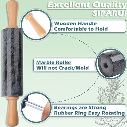 SIPARUI Marble Rolling Pin with Wooden Cradle Thick Handle Set for Baking,18.5 inch Premium Quality Polished Roller for Pizza Dough,Fondant,Pie Crust,Non-Stick Surface Easy to Clean(Black)